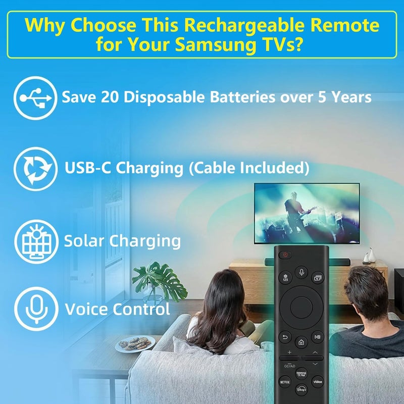 Nettech Rechargeable TV Remote for Samsung Smart TVs, Replacement for All 2019-2025 Samsung TV Remote Control with Voice Control. USB-C Fast Charging. Solar Charging. 2-Year Warranty. - Image 5